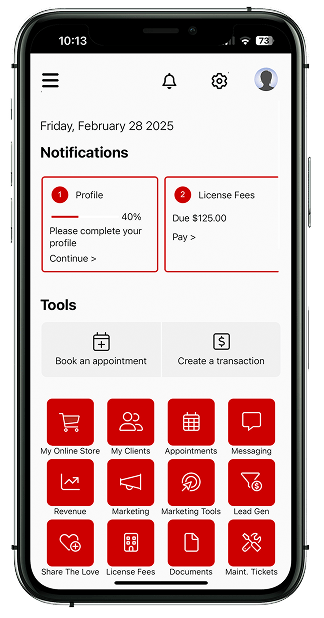 Mobile app dashboard with notifications and tools.