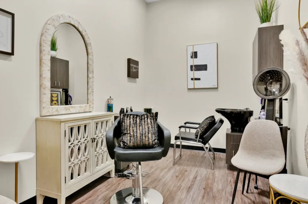 Cozy hair salon with chairs and mirrors