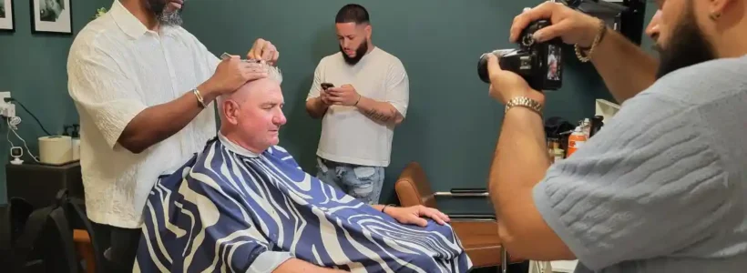 Barber cutting hair while photographer captures scene