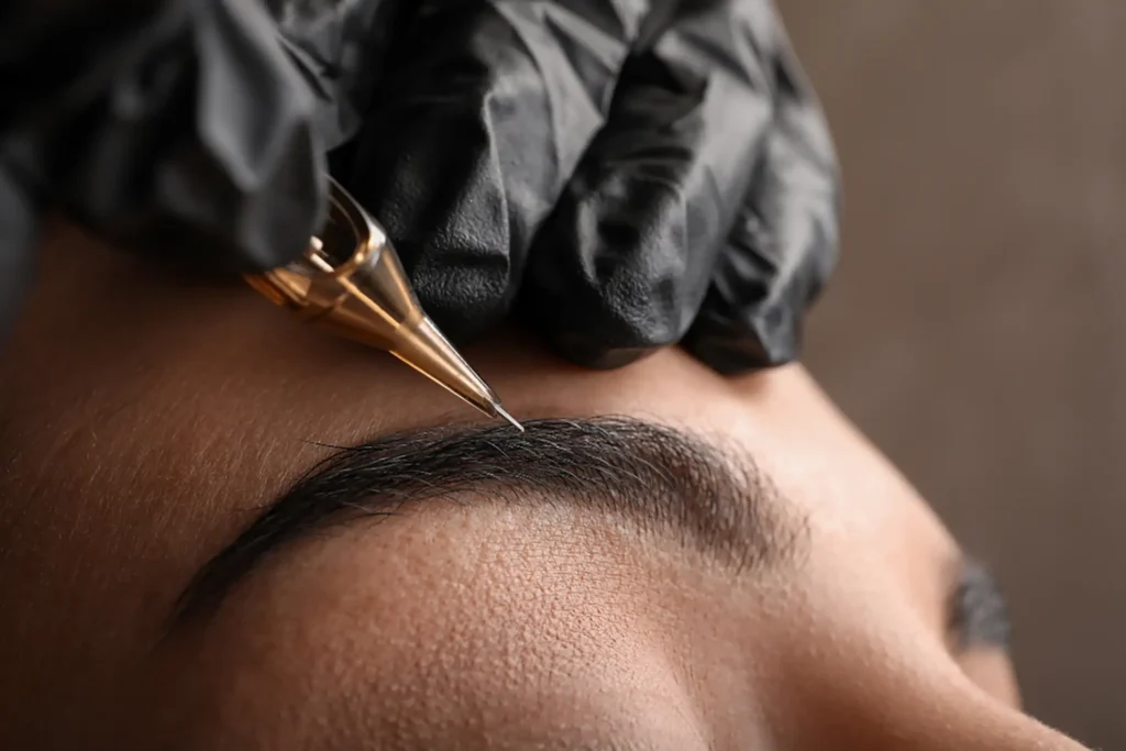 Microblading eyebrow with precision tool.
