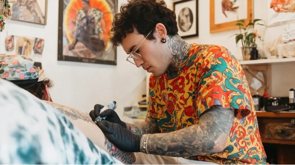 Tattoo artist in studio working on client's back