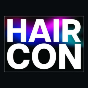 HAIR CON text on dark background