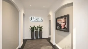 Phenix Salon Suites lobby hallway with plants