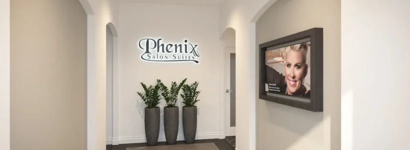 Phenix Salon Suites lobby hallway with plants